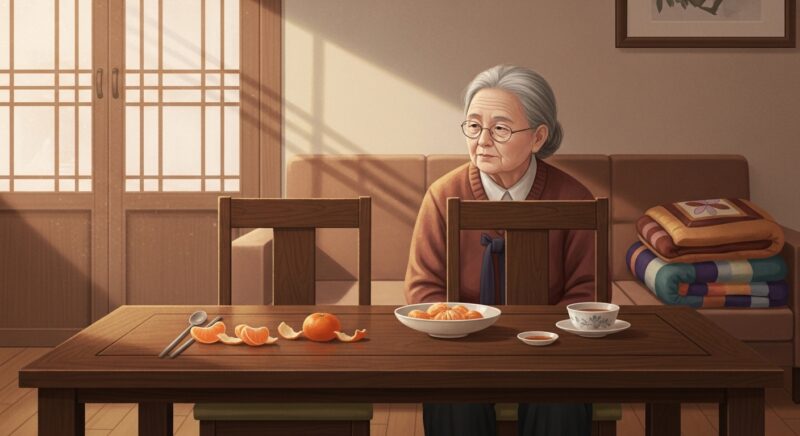설 명절 이후 자녀들이 떠나고 혼자 남겨진 70대 노부모 할머니가 빈 밥상 앞에 홀로 앉아 창밖을 바라보는 모습, 명절 뒤 어르신 정서 지원과 노인 고독감을 표현한 따뜻한 일러스트 이미지