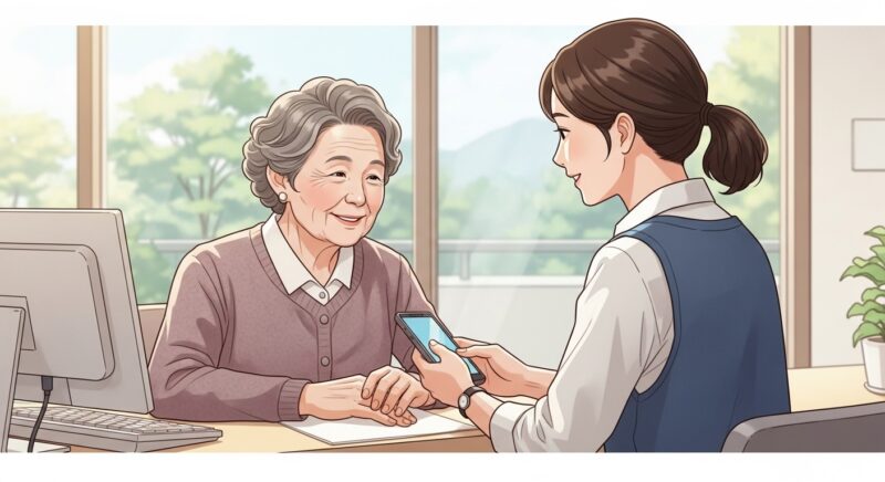 복지관에서 직원의 도움을 받아 휴대폰 통신요금 감면 신청을 하는 어르신