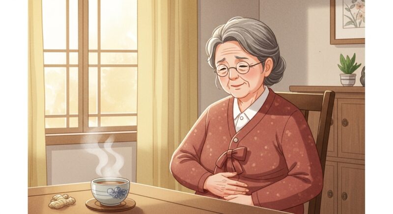 명절 후 소화불량과 체기를 빨리 내리는 법을 실천하는 70대 할머니가 따뜻한 생강차를 마시며 소화를 돕는 모습, 명절 과식 후 체기 해소에 효과적인 전통 가정 요법 일러스트