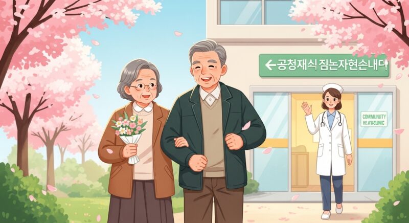 겨울이 지나고 봄을 맞아 무료 건강검진을 받으러 가는 60~70대 어르신 부부가 벚꽃이 피는 따뜻한 봄날 지역 보건소 앞에서 밝게 웃고 있는 일러스트 이미지 — 봄맞이 건강검진 무료 항목 안내 대표 이미지