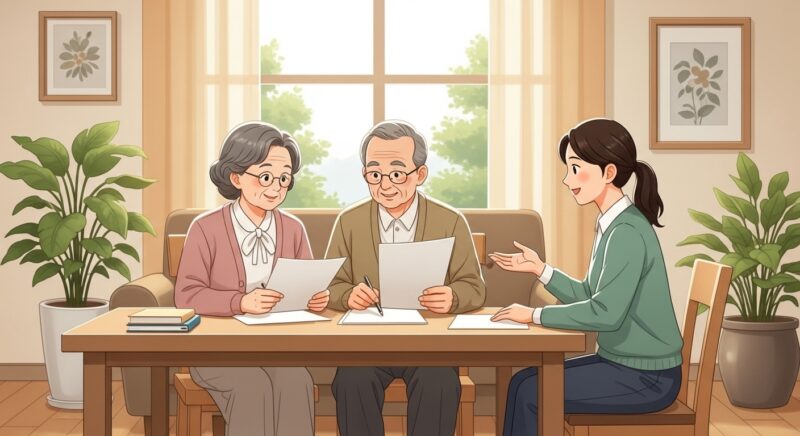 실손보험 2세대 3세대 차이를 가족과 함께 알아보는 노년 부부 일러스트