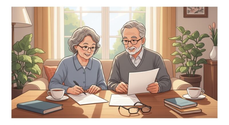 실손보험 100세 만기 갱신 전략을 검토하는 노년 부부의 모습, 안정적인 노후 의료보장 계획을 상징하는 따뜻한 일러스트