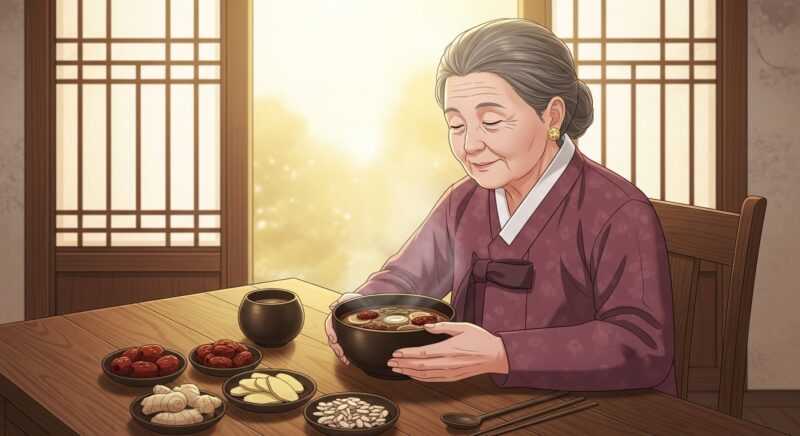 설 명절 이후 귀성 피로 회복을 위해 어르신이 한방 음식인 대추·생강·약초가 담긴 따뜻한 한약 보양탕을 마시며 쉬고 있는 정겨운 한옥 풍경