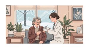 겨울철 폐렴 예방접종을 받는 70대 어르신과 친절한 의료진의 모습, 따뜻한 병원 내부에서 안전하게 겨울철 폐렴 예방접종 시기에 맞춰 백신을 접종받고 있는 장면