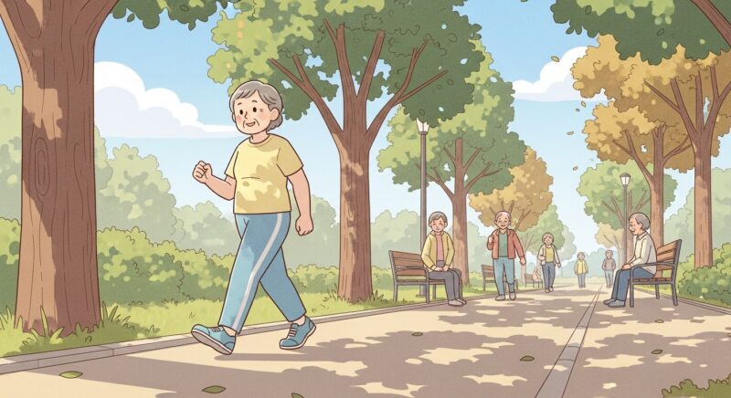 식후 10분 가벼운 산책으로 혈당 급상승 막는 습관을 실천하는 70대 어르신이 공원 산책로를 걷고 있는 따뜻한 일러스트, 건강한 식후 운동 습관