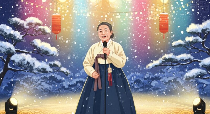 ** 2026년 겨울 트로트 가요제 무대에서 공연하는 한국 트로트 가수의 따뜻한 일러스트, 눈 내리는 겨울 배경의 화려한 무대, 한복을 입은 중장년 가수가 마이크를 들고 즐겁게 노래하는 모습, 포근한 조명과 축제 분위기