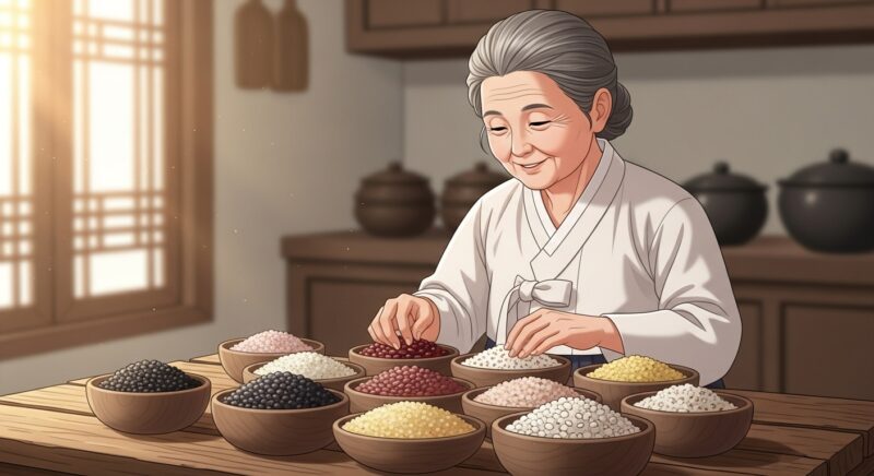 정월대보름 건강 음식 만들기 - 오곡밥을 만들기 위해 검은콩, 팥, 찹쌀, 수수, 조 등 여러 가지 곡식을 작은 나무 그릇에 담아 정성스럽게 준비하는 할머니의 손 모습