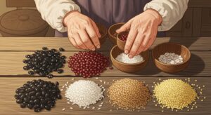 정월대보름 건강 음식 만들기 - 오곡밥을 만들기 위해 검은콩, 팥, 찹쌀, 수수, 조 등 여러 가지 곡식을 작은 나무 그릇에 담아 정성스럽게 준비하는 할머니의 손 모습