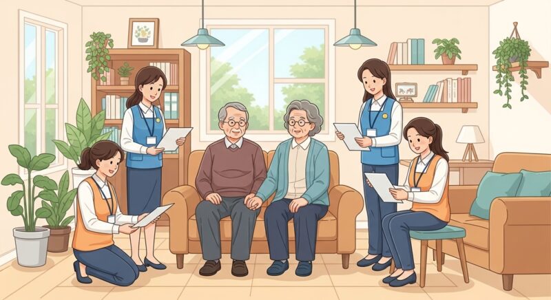 2026년 달라지는 노인 복지 정책 정리를 안내받는 70대 노인 부부가 지역 복지관에서 복지사의 도움을 받으며 환하게 웃고 있는 따뜻한 일러스트 이미지