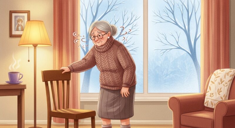 겨울철 어지럼증이 갑자기 심해지는 이유를 설명하는 대표 이미지로, 추운 겨울날 실내에서 갑작스러운 어지럼증을 느끼며 의자를 붙잡고 있는 70대 어르신 여성의 모습