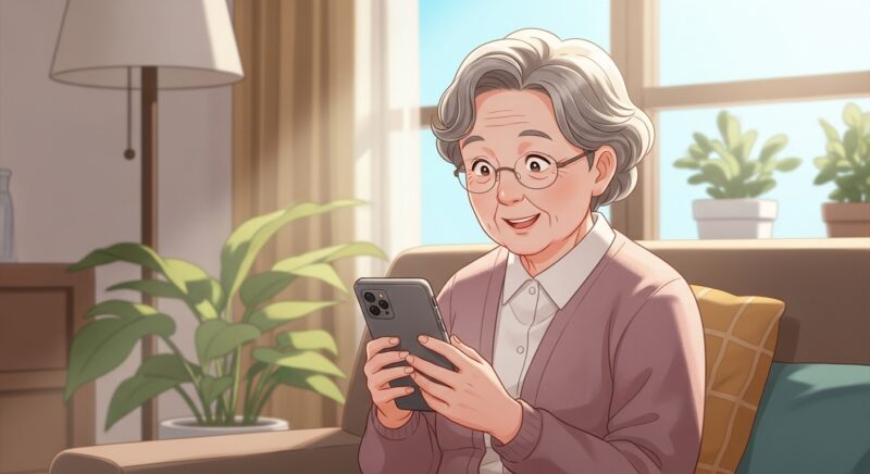 2026 어르신 스마트폰 보조금 혜택을 받아 새 스마트폰을 받아든 70대 노인이 밝은 미소로 휴대폰을 바라보는 따뜻한 일러스트, 거실 배경의 친근한 분위기