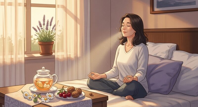 불면증에 시달리는 50대 여성을 위한 수면제 없는 2026년 숙면 호흡법과 음식 추천 - 침실에서 편안하게 호흡 명상을 하는 중년 여성과 숙면에 도움되는 음식들