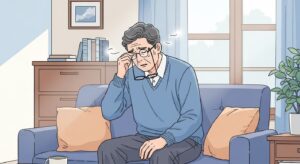 눈앞에 실 같은 게 떠다니는 증상을 경험하며 안경을 쓴 채 눈을 비비고 있는 70대 한국인 어르신이 거실 소파에 앉아 있는 모습