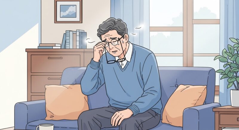 눈앞에 실 같은 게 떠다니는 증상을 경험하며 안경을 쓴 채 눈을 비비고 있는 70대 한국인 어르신이 거실 소파에 앉아 있는 모습