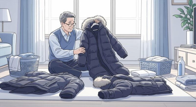 봄 옷 정리 겨울 옷 보관법을 실천하는 70대 한국인 남성 어르신이 거실에서 겨울 패딩과 코트를 펼쳐놓고 세탁 전 정리하는 모습