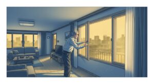황사 미세먼지 심한 날 집 환기 어떻게 해야 하는지 고민하며 창문을 조심스럽게 여는 70대 한국인 노인의 모습, 뿌연 황사로 가득한 하늘을 배경으로 한 일상적인 한국 가정집 거실 전경