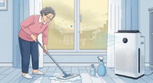 황사 미세먼지 심한 날 집 환기 대신 공기청정기를 가동하고 물걸레질로 실내 청소를 하는 한국인 노인의 모습, 단단히 닫힌 창문 너머 뿌연 하늘이 보이는 가정집 실내 근접 장면