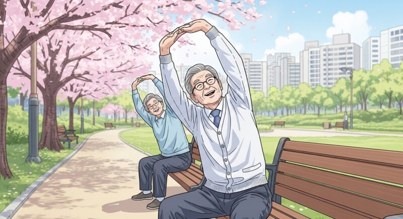 봄철 춘곤증 이기는 방법으로 공원 벤치에서 스트레칭 운동을 하며 활기차게 웃고 있는 70대 한국인 어르신의 모습, 벚꽃 나무 아래 따스한 봄 햇살이 비치는 장면