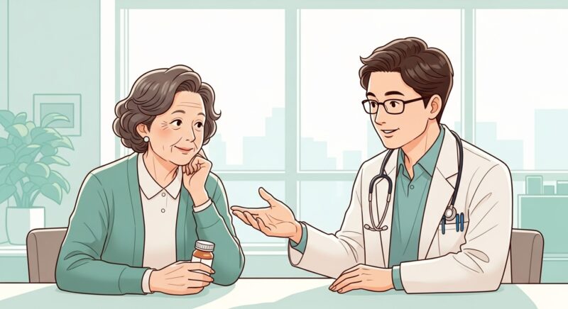 혈압약 평생 먹어야 하나요 궁금해하며 병원 진료실에서 의사와 상담 중인 70대 한국인 어르신 여성이 약병을 들고 고민하는 모습