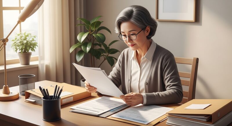 안경을 쓴 60대 한국인 여성이 정돈된 책상에서 임플란트 건강보험 적용 받으려면 준비해야 할 서류와 조건 관련 서류들을 꼼꼼히 검토하는 장면
