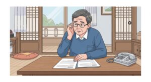 노인맞춤돌봄서비스 신청했는데 연락이 안 오는 이유를 나타내는 장면으로, 70대 한국 노인 남성이 독서용 안경을 쓰고 집안 테이블에 앉아 서류를 보며 걱정스러운 표정을 짓고 있으며, 옆에 전화기가 놓여있는 한국 가정 배경
