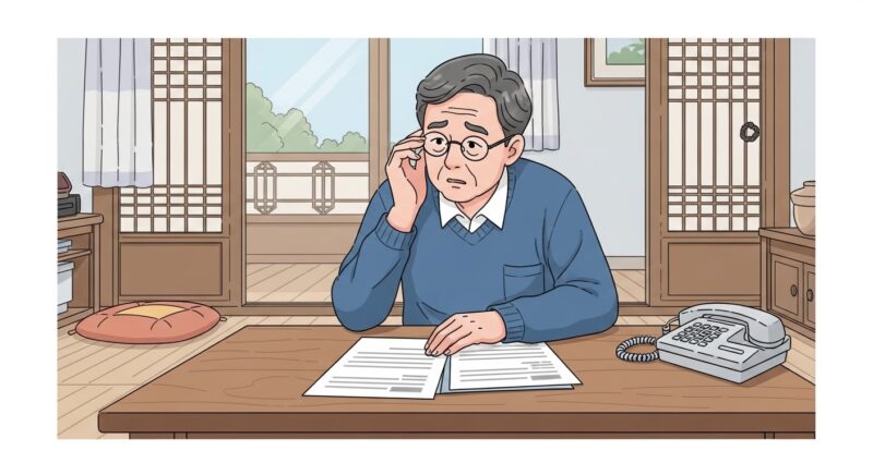 노인맞춤돌봄서비스 신청했는데 연락이 안 오는 이유를 나타내는 장면으로, 70대 한국 노인 남성이 독서용 안경을 쓰고 집안 테이블에 앉아 서류를 보며 걱정스러운 표정을 짓고 있으며, 옆에 전화기가 놓여있는 한국 가정 배경