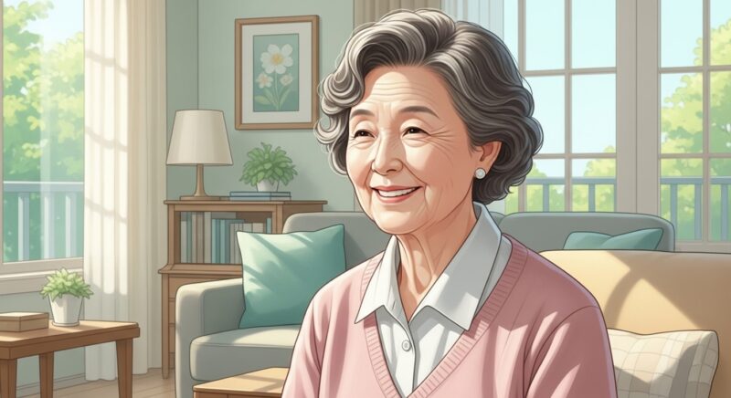 치매검사 받으라는데 어디 가서 무료로 받을 수 있나요 - 밝은 자연광이 가득한 집 안에서 따뜻한 미소를 짓고 있는 70대 한국 여성 어르신의 모습, 파마한 짧은 회색 머리, 부드러운 민트와 크림 톤의 따뜻한 파스텔 일러스트