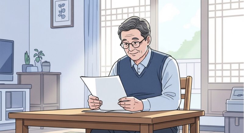2025년 노인장기요양등급 신청 조건과 받을 수 있는 혜택을 확인하는 70대 한국 노인 남성이 안경을 쓰고 집에서 서류를 살펴보는 따뜻한 일러스트