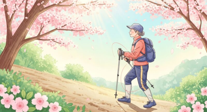 봄 등산 갈 때 60대한테 무릎 안 아픈 스틱 사용법을 보여주는 활기찬 일러스트