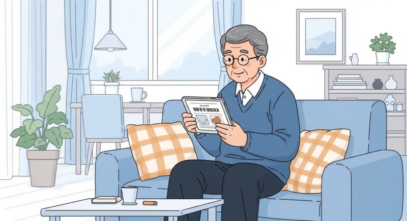 국민내일배움카드 신청 방법 총정리 안내를 보며 미소짓는 70대 한국인 남성이 거실 소파에 편안히 앉아 있는 따뜻한 장면