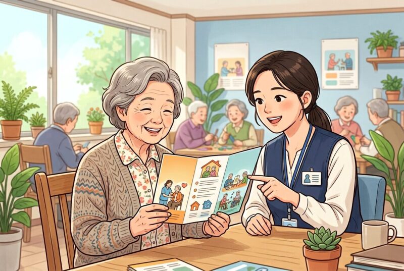 복지관에서 두 서비스 상담 중인 노인