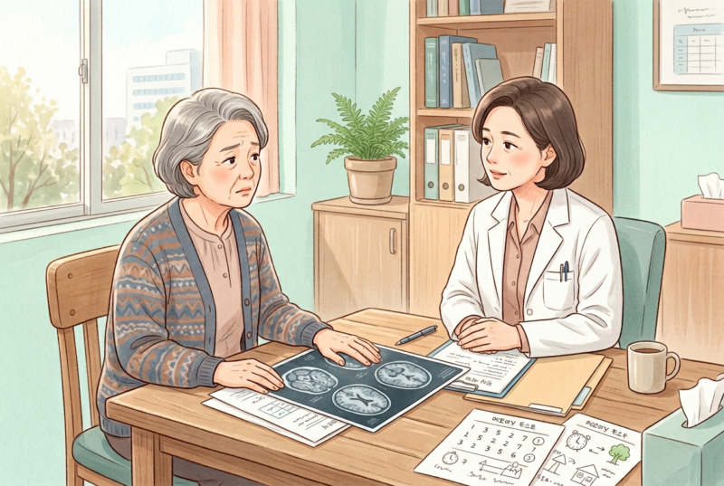 뇌 MRI 사진을 살피는 중년 여성