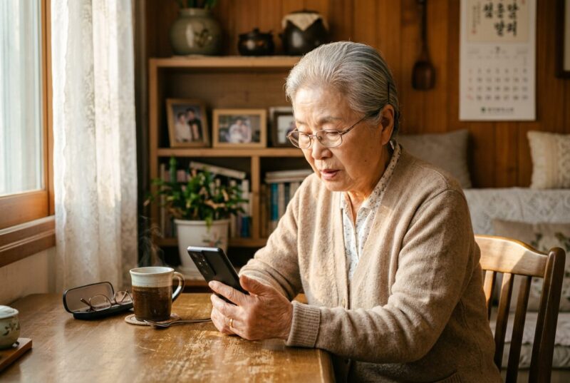 노인 여성이 햇살 가득한 실내에서 새 스마트폰을 두 손으로 조심스럽게 들여다보는 장면