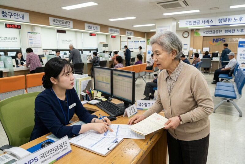 70대 여성이 연금공단 창구에서 직원과 상담하는 장면